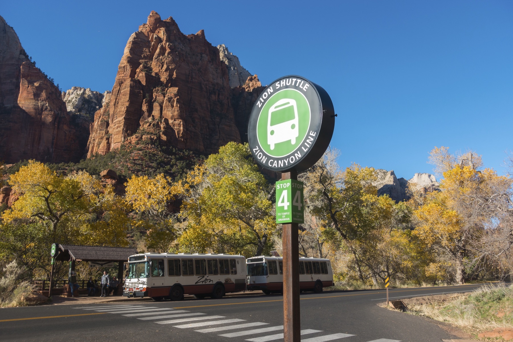 Zion Canyon shuttle stop with red rock cliffs - Zion Shuttle System